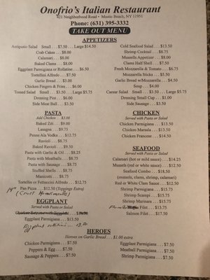 Onofrio’s menu 1